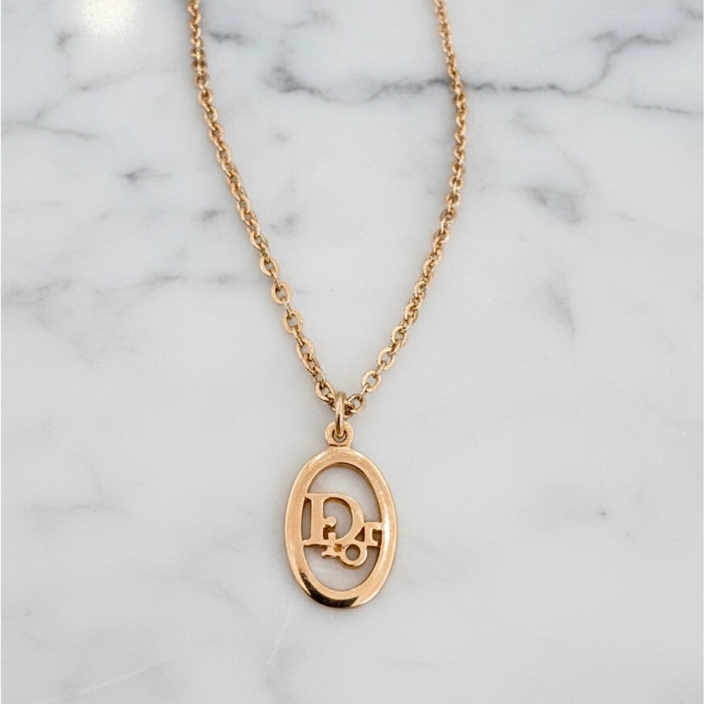 DIOR Vintage Gold Logo Necklace Oval Pendant Choker Style CD Authentic